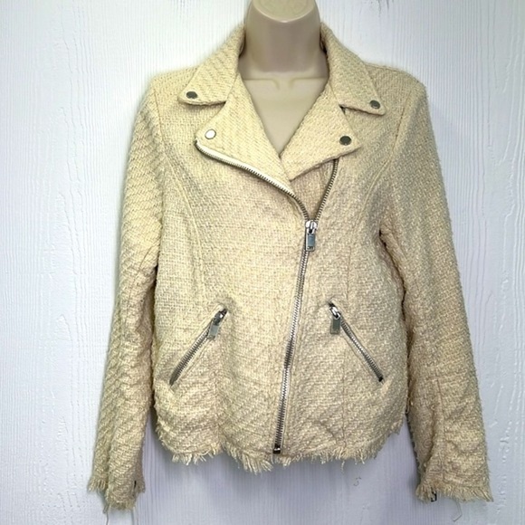 H&M - Cream Textured Tweed With Silver Hardware Moto Biker Jacket Size 6 - Picture 3 of 12